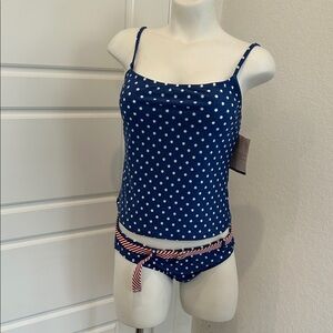 Anne Cole Blue Polka Dot Swimsuit with Red Accents